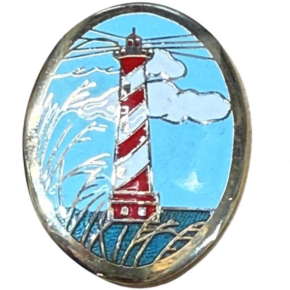Vintage Cloisonne  Red White Striped Lighthouse Ocean‎ Pin Brooch